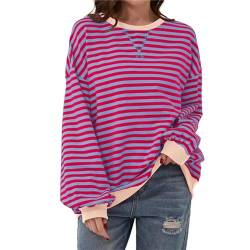 Shujin Gestreiftes Oversized Sweatshirt für Damen Striped Color Block Rundhals Long Sleeve Dupes Y2K Shirt Lässig Langarmshirt Lose Pullover Oberteile Tops(Rose Pink,XL) von Shujin