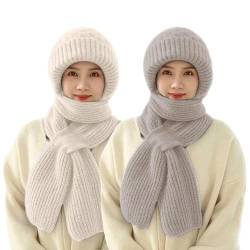 Shujin Integrierter Gehörschutz Winddichte Mütze Schal, Verdickter Warmer Einteiliger Hutschal, Damen 2 in 1 Mützenschal Strickmütze Winter Kapuzenschal für Frauen,Beige+Hellgrau von Shujin