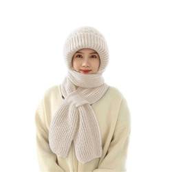 Shujin Integrierter Gehörschutz Winddichte Mütze Schal, Verdickter Warmer Einteiliger Hutschal, Damen 2 in 1 Mützenschal Strickmütze Winter Kapuzenschal für Frauen,Beige von Shujin