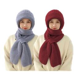 Shujin Integrierter Gehörschutz Winddichte Mütze Schal, Verdickter Warmer Einteiliger Hutschal, Damen 2 in 1 Mützenschal Strickmütze Winter Kapuzenschal für Frauen,Grau+Weinrot von Shujin