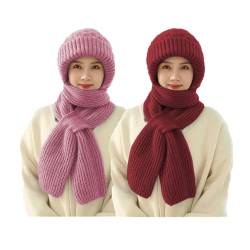 Shujin Integrierter Gehörschutz Winddichte Mütze Schal, Verdickter Warmer Einteiliger Hutschal, Damen 2 in 1 Mützenschal Strickmütze Winter Kapuzenschal für Frauen,Rosa+Weinrot von Shujin