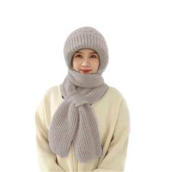 Shujin Integrierter Gehörschutz Winddichte Mütze Schal, Verdickter Warmer Einteiliger Hutschal, Damen 2 in 1 Mützenschal Strickmütze Winter Kapuzenschal für Frauen,Weizenfarbe von Shujin