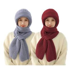 Shujin Integrierter Gehörschutz Winddichte Mütze Schal,Kapuzenschal für Frauen Winter,2 in 1 Winterschal Mütze Verdickter Warmer Strickmütze(Grau+Weinrot,One Size) von Shujin