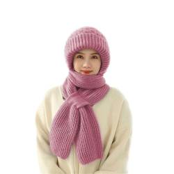 Shujin Integrierter Gehörschutz Winddichte Mütze Schal,Kapuzenschal für Frauen Winter,2 in 1 Winterschal Mütze Verdickter Warmer Strickmütze(Rosa,One Size) von Shujin