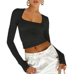 Shujin Langarmshirt Damen Eng Quadratischer Kragen Crop Top Y2K Slim Fit Oberteile Basic Shirt Skim Dupes Longsleeve Cropped Tee Streetwear Party Aesthetic Outfit(Schwarz,L) von Shujin