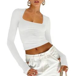 Shujin Langarmshirt Damen Eng Quadratischer Kragen Crop Top Y2K Slim Fit Oberteile Basic Shirt Skim Dupes Longsleeve Cropped Tee Streetwear Party Aesthetic Outfit(Weiß,L) von Shujin