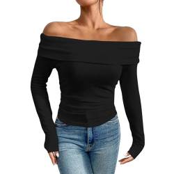 Shujin Langarmshirt Damen Schulterfreies Eng Y2K Sexy Off Shoulder Top Skim Dupes Longsleeve Slim Fit Oberteile Basic Tshirt Casual Tee Streetwear Aesthetic Clothes(Schwarz,M) von Shujin