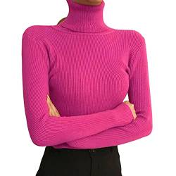 Shujin Rollkragenpullover Damen Dünn Pullover Basic Langarm Strickpullover Weich Stretch Strickpulli Elegant Slim Fit Einfarbig Pulli Sweatshirts für Herbst Winter(Fuchsie,One Size) von Shujin