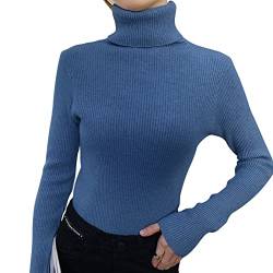 Shujin Rollkragenpullover Damen Dünn Pullover Basic Langarm Strickpullover Weich Stretch Strickpulli Elegant Slim Fit Einfarbig Pulli Sweatshirts für Herbst Winter(Jeansblau,One Size) von Shujin