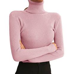 Shujin Rollkragenpullover Damen Dünn Pullover Basic Langarm Strickpullover Weich Stretch Strickpulli Elegant Slim Fit Einfarbig Pulli Sweatshirts für Herbst Winter(Rosa,One Size) von Shujin