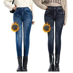 Shujin Thermo Jeggings Damen Jeansoptik Hose mit Innenfutter High Waist Slim Fit Treggings Seamless Thermoleggins Stretch Warm Skinny Jeanshosen Denim Jeans Tights(D01 Schwarz+D01 Blau,S) von Shujin