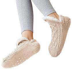 Shujin Unisex Kuschelsocken mit ABS Sohle Winter Strick Stoppersocken Warme Hüttensocken Dicke Hausschuhe Socken Bettscoken Flauschig Pantoffelsocken(Beige,40/42 EU) von Shujin