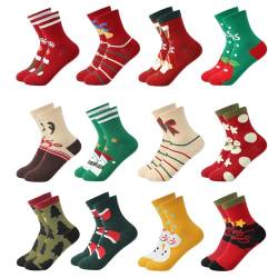 Shujin Unisex Weihnachtssocken 12 Paare Mix Design Weihnachten Socken Festlicher Spaß Neuheit Weihnachtsmotiv Socken Christmas Socks Atmungsaktive für Damen und Herren(12 Paar03,One Size) von Shujin