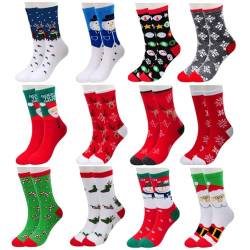 Shujin Unisex Weihnachtssocken 12 Paare Mix Design Weihnachten Socken Festlicher Spaß Neuheit Weihnachtsmotiv Socken Christmas Socks Atmungsaktive für Damen und Herren (One Size,12 Pack) von Shujin