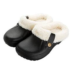 Shujin Unisex Winter Clogs Gefüttert Damen Herren Warm Hausschuhe Plüsch Pantoletten Slip On wasserdichte Gartenschuhe rutschfeste Home Slipper Gartenclogs(B Schwarz,EU 40/41) von Shujin