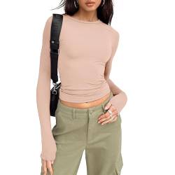 Shujin Y2K Langarmshirt Crop Tops Damen Sexy Crop Tops Slim Fit Party Cropped Tee Basic Enges Oberteile Casual Athletisch Bauchfrei Tops Teenager Mädchen Outfits Streetwear(Beigerosa,XS) von Shujin