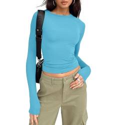 Shujin Y2K Langarmshirt Crop Tops Damen Sexy Crop Tops Slim Fit Party Cropped Tee Basic Enges Oberteile Casual Athletisch Bauchfrei Tops Teenager Mädchen Outfits Streetwear(Blau,M) von Shujin