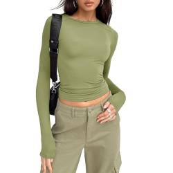 Shujin Y2K Langarmshirt Crop Tops Damen Sexy Crop Tops Slim Fit Party Cropped Tee Basic Enges Oberteile Casual Athletisch Bauchfrei Tops Teenager Mädchen Outfits Streetwear(Grün,M) von Shujin