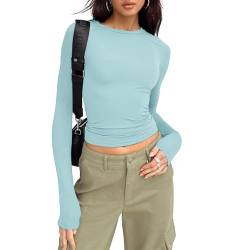 Shujin Y2K Langarmshirt Crop Tops Damen Sexy Crop Tops Slim Fit Party Cropped Tee Basic Enges Oberteile Casual Athletisch Bauchfrei Tops Teenager Mädchen Outfits Streetwear(Hellblau,M) von Shujin