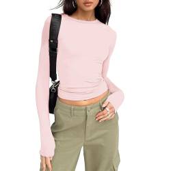 Shujin Y2K Langarmshirt Crop Tops Damen Sexy Crop Tops Slim Fit Party Cropped Tee Basic Enges Oberteile Casual Athletisch Bauchfrei Tops Teenager Mädchen Outfits Streetwear(Rosa,XS) von Shujin