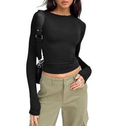 Shujin Y2K Langarmshirt Crop Tops Damen Sexy Crop Tops Slim Fit Party Cropped Tee Basic Enges Oberteile Casual Athletisch Bauchfrei Tops Teenager Mädchen Outfits Streetwear(Schwarz,L) von Shujin