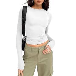 Shujin Y2K Langarmshirt Crop Tops Damen Sexy Crop Tops Slim Fit Party Cropped Tee Basic Enges Oberteile Casual Athletisch Bauchfrei Tops Teenager Mädchen Outfits Streetwear(Weiß,M) von Shujin