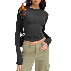 Shujin Y2K Langarmshirt Crop Tops mit Innenfleece Dünn Sexy Slim Fit Party Cropped Tee Enges Bauchfrei Oberteile Casual Athletisch Tops Teenager Mädchen Outfits Streetwear(Thermo Schwarz,M) von Shujin