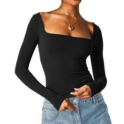 Shujin Y2K Langarmshirt Quadratischer Kragen Crop Tops Damen Sexy Bauchfrei Slim Fit Cropped Tee Enges Oberteile Casual Party Athletisch Tops Teenager Mädchen Outfits Streetwear(Schwarz,M) von Shujin