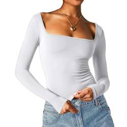 Shujin Y2K Langarmshirt Quadratischer Kragen Crop Tops Damen Sexy Bauchfrei Slim Fit Cropped Tee Enges Oberteile Casual Party Athletisch Tops Teenager Mädchen Outfits Streetwear(Weiß,XL) von Shujin