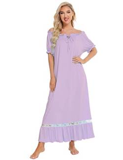 ShuoBeiter Damen Nachthemd Vintage Style Kurzärmeliges Kleid Variabler Kragen Lange Nachtwäsche Bequeme Loungewear(S, S5) von ShuoBeiter