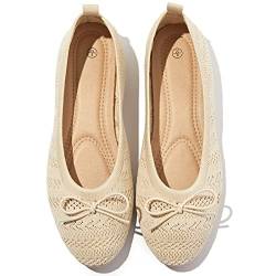 Flache Schuhe für Damen, Häkelspitze, Kleid Schuhe, runder Zehenbereich, Ballerinas, bequem, gestrickt, schwarz, flacher Absatz, aprikose, 42 EU von Shupua