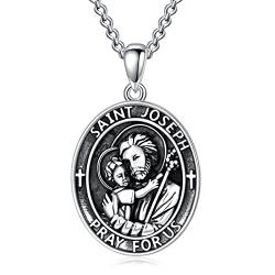 Saint Joseph Parton Anhänger Halskette 925 Sterling Silber Religiöser Rund Medaille Kette Schutzpatron Kette Schutzmedaille Religiöse Schmuck für Frauen Männer von Shusukue