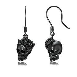 Schwarz Totenkopf Ohrringe Silber 925 Hängende Ohrring Gothic Rose Schädel Geschenke für Halloween von Shusukue