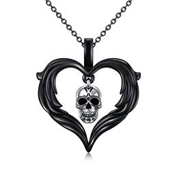 Shusukue Totenkopf Kette 925 Sterling Silber Gothic Halskette Damen Schädel Schwarz Kette Herzform Totenkopf Anhänger Halloween Totenkopf Schmuck Geschenke für Frauen Mädchen von Shusukue