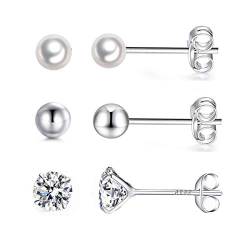 Dicheng Damen Ohrstecker Silber, 3 Paare 925 Sterling Silber Ball & Zirkonia & Perle Ohrstecker Ohrringe Set, Hypoallergen Unisex Klein Schlafen Knorpel Ohrstecker mit Zirkonia, Ohrringe Größe in 4mm von Shuxin