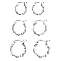 Shuxin Creolen Silber 925 Damen Ohrringe, 3 Paare 925 Sterling Silber Creolen Ohrringe Set, Klein Twist Schlafen Kreolen Ohrringe, Unisex Creolen Ohrringe für Damen Herren, Durchmesser in 13, 15, 20mm von Shuxin