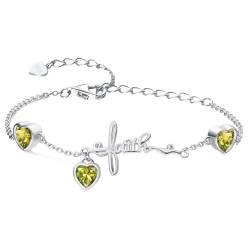 Qings August Peridot Geburtsstein Armband mit 3 Herz Zirkonias Sterling Silber 925 Verstellbare Kreuz Glaube Armbänder für Mädchen Damen Geburtstag Weihnachten Geschenk von Shysnow