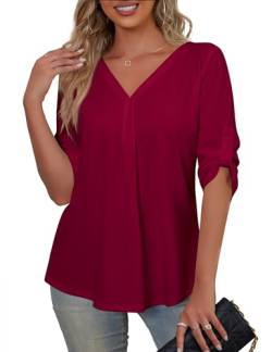 SiSoeng Bluse Damen Lässiges Hemd mit V-Ausschnitt 3/4 Ärmel Damen Tunika Oberteile, Burgund, 2XL von SiSoeng