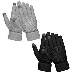Sibba 2 Paar Damen Winter Touchscreen Handschuhe Warme Wolle Gefütterte Handschuhe Thermo Gestrickte Dehnbare Manschette Fäustlinge, Schwarz / Grau, 21 x 12 cm von Sibba