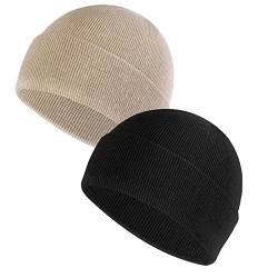 Sibba 2 Stück Unisex Beanie Mütze Weich Leicht Winter Strick Manschetten Mützen Fisherman Beanie Warm Winddicht Skull Cap für Männer und Frauen, Schwarz / Beige von Sibba