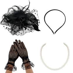 Sibba Damen Fascinatoren Hüte Federn Schleier Netzhut Spitze Handschuhe Perlen Choker Halskette Teeparty Clip Kopfschmuck Haarschmuck Für Party Kirche Hochzeit 3 Stück Schwarz von Sibba