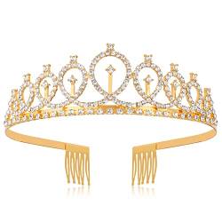 Sibba Diademe Kronprinzessin Kristall Strass Krone Braut Hochzeit Stirnband Mädchen Königin Haarschmuck für Frauen Damen Geschenke Dekoration Geburtstag Abschlussball Urlaub Kostüm Party Feier (Gold) von Sibba