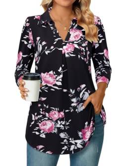 Siddhe 3/4 Ärmel Tunika Tops Bluse Damen Schwarz V-Ausschnitt Oberteile Casual Longshirt Business T-Shirt Arbeits Elegant Shirt Büro locker Hemd Mode Tragen mit Leggings Damenblusen, Blumenmuster M von Siddhe