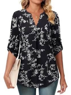 Siddhe 3/4 Ärmel Tunika Tops Elegant Festlich Bluse Damen V-Ausschnitt Schwarz Damenbluse Frühling Frauen Longtunika Casual Longshirt Business Shirt Arbeitbluse Büro Hemd Schickes Damenblusen, M von Siddhe