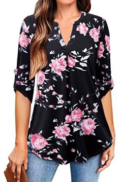 Siddhe Bluse Damen 3/4 Arm Festlich Elegant Musselin Blusenshirt Tunika Große Größen Lang Shirt Locker Schwarz Blusen Damen Oberteile V-Ausschnitt Longshirt Freizeit Bluse für Legging Rosenmuster XL von Siddhe