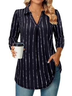 Siddhe Bluse Damen Elegant 3/4 Ärmel Tunika Tops Große Größen V-Ausschnitt Arbeits Oberteile Lockere Shirt Casual Longshirt A-Linie Damenblusen Office Mode Schwarz Gestreift Hemd, L von Siddhe