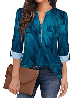 Siddhe Bluse Damen Elegant Festliche Blusen Tunika V-Ausschnitt Oberteile 3/4 Ärmel Arbeit T-Shirt Reißverschluss Longbluse A-Linie Tops Ausgefallene Pullover Hemd Business Longshirt Pfauenblau, M von Siddhe