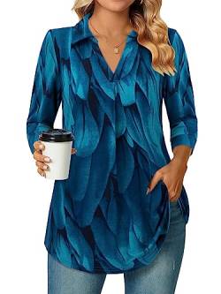 Siddhe Bluse Damen Elegant Tunika Tops 3/4 Ärmel Oberteile V-Ausschnitt T-Shirt Lockere Arbeits Tops Lässige Longshirt A-Linie Damenblusen Shirt Weiche Mode Flowy Hemd, Pfauenblau XL von Siddhe