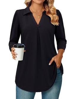 Siddhe Bluse Damen Tunika 3/4 Ärmel Oberteile V-Ausschnitt T-Shirt Lockere Arbeits Tops Lässige Longshirt A-Linie Damenblusen Elegant Shirt Weiche Mode Flowy Hemd Einfarbig Schwarz, XL von Siddhe