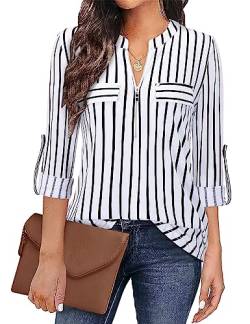 Siddhe Bluse Damen Tunika V-Ausschnitt Oberteile 3/4 Ärmel Arbeit T-Shirt Reißverschluss Longbluse A-Linie Tops Gestreifte Arbeit Hemd Business Longshirt Weiß Streifen, M von Siddhe